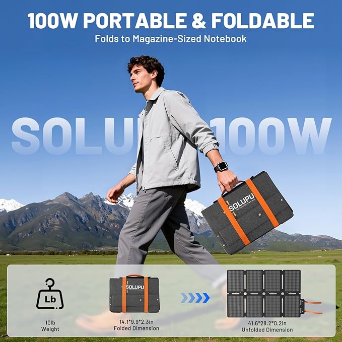 100W Portable Foldable Folding Solar Panels, IP67 Waterproof for Camping, Outdoor Power Supply, Compact 8-Fold Design with MC-4 Output, High-Efficiency Charging for Devices