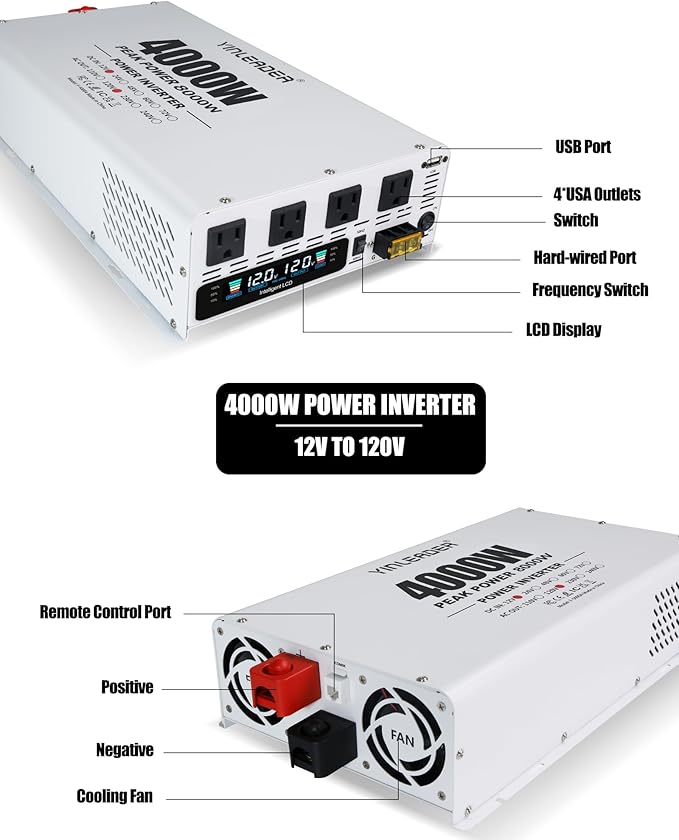 4000W Power Inverter 12V to 110V/120V, Solar Inverter Remote for RV Camping Off-Grid Solar Inverter Systems