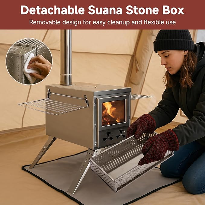 H&ZT Sauna Hot Tent Stove, Portable Wood Burning Stove with Stone Box & 9 Chimney Pipes, Outdoor Rocket Stove Heater for Dry Sauna, Cooking & Winter Heating