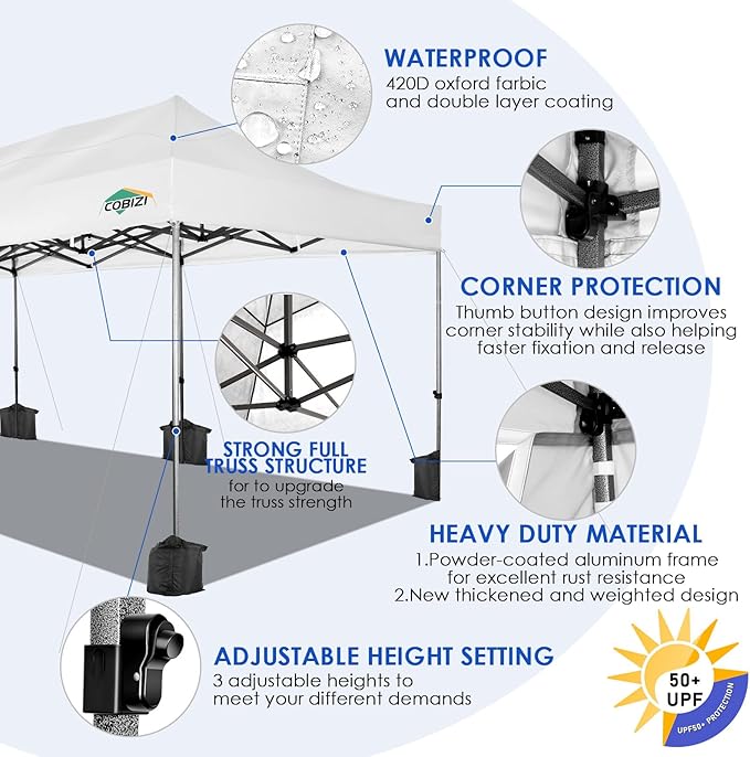 COBIZI 10x30 Heavy Duty Pop up Canopy with 8 sidewalls Party Tent for Parties Weddings Events UPF 50+ Waterproof Commercial Gazebo with Roller Bag, White(Frame Thickened)