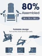 KINGYES Folding Adirondack Chair with Dual Cup Holders - HDPE All-Weather Outdoor Chairs, Wood-Like Patio Chair for Backyard, Camping, Pool & Fire Pit, Navy