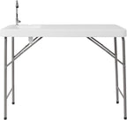Flash Furniture Wesley 4' Portable Fish Cleaning Table with Sink, Outdoor Portable Folding Camping Sink Table with Faucet, and Hose Attachment, White