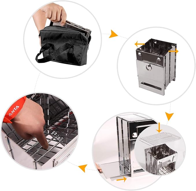 Large Portable Folding Camping Wood Stove for Outdoor Cooking, Sturdy Lightweight 304 Stainless Steel Wood Burning Camp Stove with Grill for Backpacking BBQ Silver