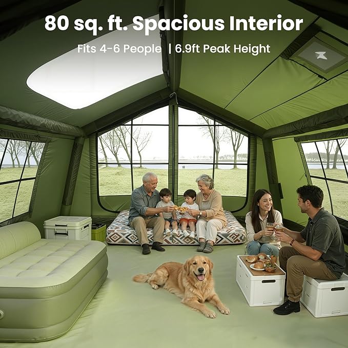 ABORON 2/6/8/10/12 Person Inflatable Camping Tent, Easy Setup Blow Up Tent with Hand Pump, PU3000mm Waterproof & Breathable 4 Season Glamping Tent for Outdoor Camping