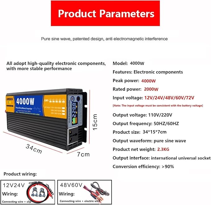 Pure Sine Wave Inverter 3000W 4000W 5000W Peak 12V 24V 48V 60V 72V DC to 110V 220V 230V 240V AC Power Solar Inverter Converter, for Off-Grid, RV, Truck, Boat, Camping, and Home(4000W,72Vto110V)