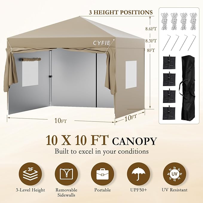 CYFIE 10'x10' Pop Up Canopy Tent with 4 Removable Sidewalls, Portable Instant Commercial Outdoor Canopy Gazebo with Stakes, Ropes, Sandbags for Outdoor Events, Beach, Camping, Vendor Events, Khaki