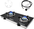 2 Burner Propane Gas Cooktop,Camping Portable LPG Gas Stove, Auto Ignition Tempered Glass Countertop with Regulator Burner Grate