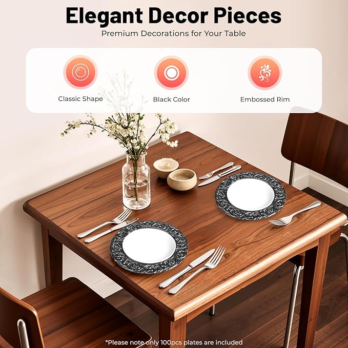 DYRABREST 100 Pcs 13 Inch Black Charger Plates, Bulk PP Wedding Chargers with Floral Reef Design Decorative Round Ruffled Rim Dinner Plates for Wedding Party Event Table Setting Decoration