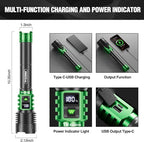 WdtPro Rechargeable LED Flashlights High Lumens, Super Bright 90000LM Rechargeable Flashlight with LCD Display, 5 Modes & Waterproof Powerful 10000mAh 30H Flashlight for Camping Emergency Green