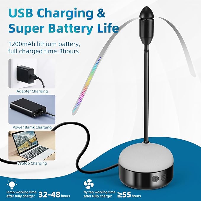 2 Pack Fly Fans for Tables Rechargeable, Indoor or Outdoor Use, Ideal for Camping, Party, Restaurant, Kitchen, and BBQ,with Tabletop and Hanging Hook Option.