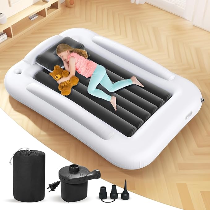 Inflatable Toddler Travel Bed - 60 Inches Portable Toddler Bed for Travel with Safety Sides - Cozy Kids Air Mattress Set with High-Speed Pump & Carry Case - Lightweight & Easy to Inflate -Grey