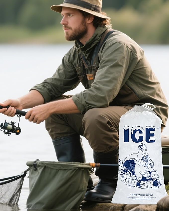 5lb Ice Bags with Drawstring – 50 Pack Reusable Heavy-Duty Plastic Ice Cube Bags for Freezer, Ice Maker, Coolers, Camping, Storage, Leak-Resistant & Food Safe