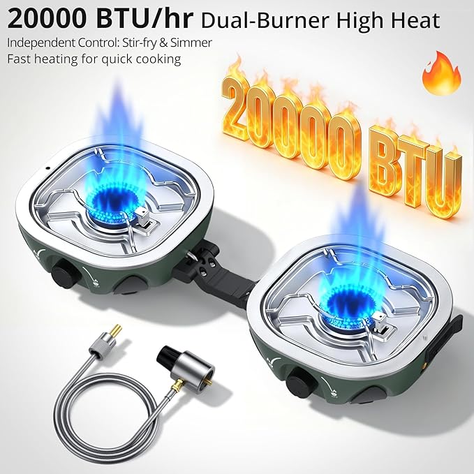 Anbte 20,000 BTU 2-Burner Propane Foldable Camping Stove, Portable Camping Stove with Adjustable Burners 20.6" Wide Spacing & Complete Kit, for Cooking, Car Camping, Beach, RV, Tailgating Essentials