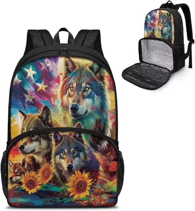 USA Flag Wolf Casual Bookbag Backpacks Hiking Outdoor Insulated Unisex Lunch Cooler Backpack Patriotic All In One Backpack Meal Bag Travel Laptop Bag 4th of July
