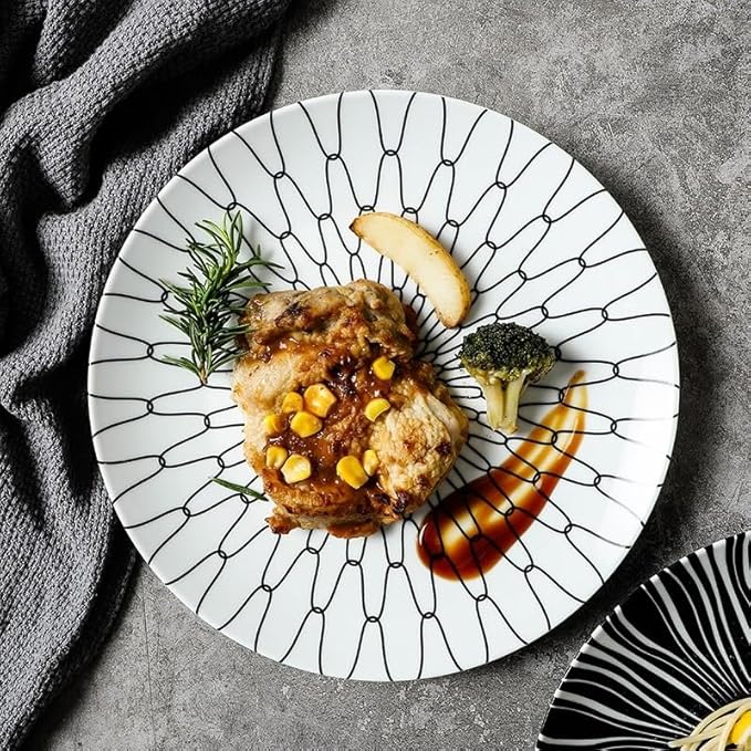 Camping Plates Creative Ceramic Dinner Plate Restaurant Round Dinner Plate Geometric Pattern Dinner Plate Kitchen Tableware Decorative Plate(E,20.6cm/8Inch)