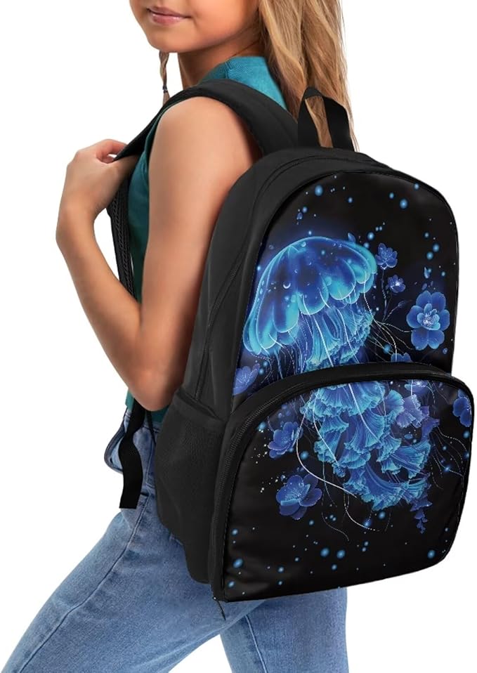 17in Laptop Backpack with Insulated Cooler Lunch Compartment, Extra Large Travel Business Work Computer Backpacks Purse College Bag, Casual Hiking Meal Backpack, Blue Jellyfish Flower