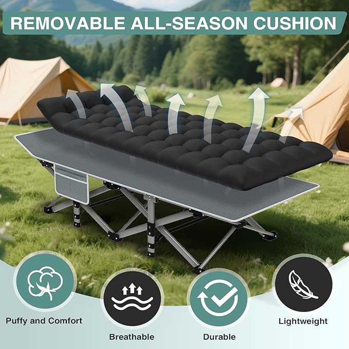 ZENPETIO Camping Cot for Adults, Heavy-Duty Portable Cot Bed with Mattress, Foldable Padded Sleeping Cots for Camping Travel Tent Day Bed Outdoor & Home Guest, Max Load 500 LBS, 75x28x15”