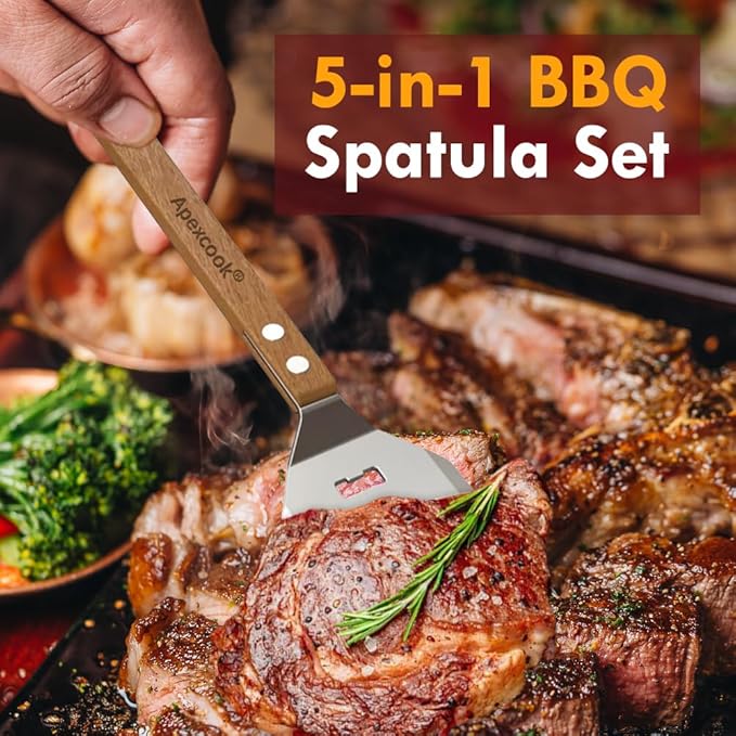 5-in-1 Multifunctional Grill Spatula - Heavy Duty Stainless Steel BBQ Tool with Bottle Opener, Meat Tenderizer & 15.7" Wood Handle for Outdoor Grilling, Camping, Backyard BBQ