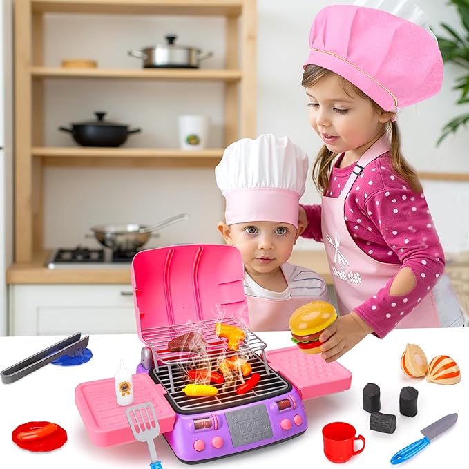Kids BBQ Grill Playset with Coooking Apron Hat Toddler Girl Pink Kitchen Toy Ages 3-5 4-8 Pretend Smoke Sound Light Outdoor Barbecue Accessories Toy for 3 4 5 Year Old Girl Birthday Gift