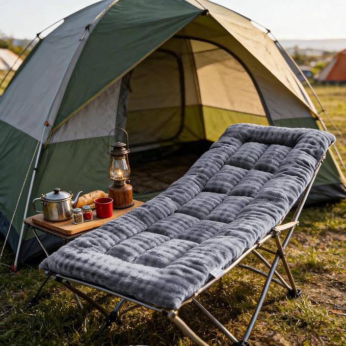 Thick Camping Sleeping Pad - Faux Rabbit Fur Ultra Soft & Non-Slip Sleeping Mat with Portable Roll up Camping Cot Pad for Travel Car Tent Guest Bed (75" x 28", Dark Grey)