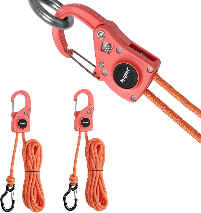 Ayaport Rope Ratchet Tie Down with Safety Lock Clip 1/4" x 12' Heavy Duty One-Piece Adjustable Kayak Straps for Tent, Tarp, Canopy Tie Downs,2Pk Orange