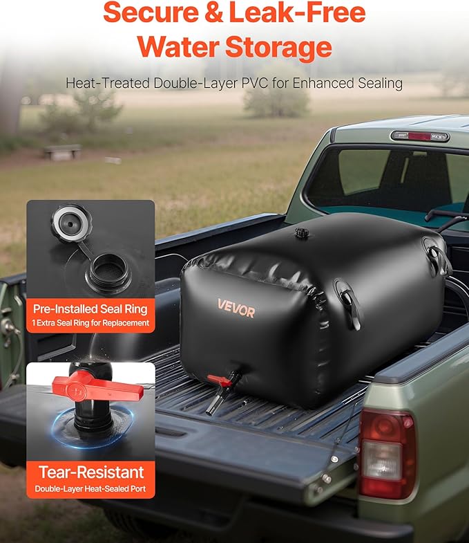 VEVOR Water Storage Bladder, 63.4 Gal Collapsible Water Storage Bag, Wear-Resistant 1000D PVC Soft Waters Bag, Leakproof Camping Tank Containers for Garden Irrigation RV Emergency Use, Black
