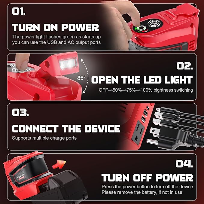 LIVOWALNY 200W Power Inverter Compatible with Milwaukee 18V Battery, DC 18V to AC 110-120V Power Station with 1 AC Outlet, 2 USB, 1 Type-C & LED Light, for Camping Power Outage (No Battery)