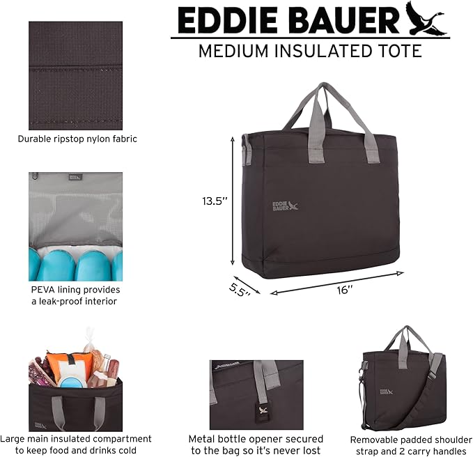 Eddie Bauer Cooler Tote Bag | Insulated | Vacation | Travel | Camping | Tailgate | Beach | Picnic | Festival | Shoulder Carry | Top Handle - Black