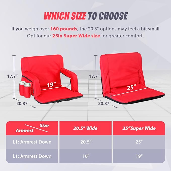 Wide Stadium Seat for Bleachers with Back Support -2 Pack Reclining Adults Camping Stadium Chair Extra Thick Cushion Bleacher Seats Waterproof Black