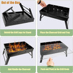 Portable Charcoal Grill for Camping Small Tabletop BBQ Grill for Picnic Trip Foldable Lightweight Barbeque Grill Set Including Tongs Gloves Scrubber (17''x12'')