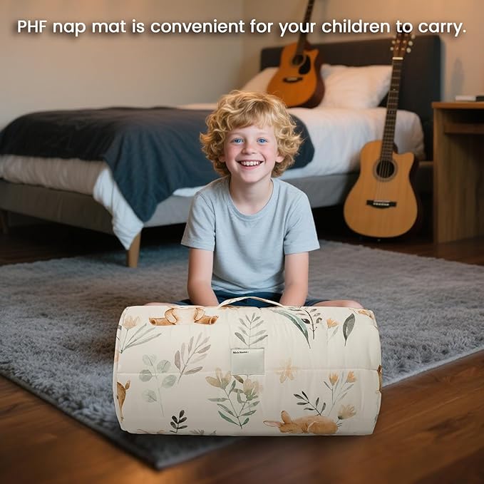 PHF Toddler Nap Mat with Removable Pillow and Minky Fleece Blanket, Rollup Design Warm Slumber Bags for Boys Girls, 52"x20"x2" Kids Sleeping Bag for Daycare Preschool Travel Camping, Woodland & Animal