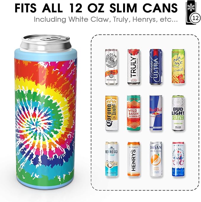 TILUCK Skinny Can Cooler for Slim Beer & Hard Seltzer, Stainless Steel, Doucle-Walled Stainless Steel Insulated Slim Cans, Standard 12 oz (Spinning Rainbow)