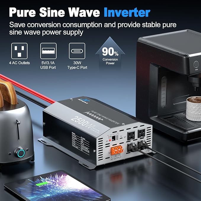 2500W Pure Sine Wave Inverter 48V DC to 110V/120V AC Converter, 5000W Peak, High-Efficiency Off-Grid Solar Power Inverter, 4 AC Outlets, USB & Type-C, LCD Remote Control