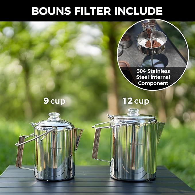 KingCamp Percolator Coffee Pot Campfire Coffee Boiler Kettle 304 Stainless Steel with Wood Handle for Outdoor Camping Cookware, Cabin, RV, Kitchen, Hunting & Backpacking, NO Aluminum or Plastic 12 Cup