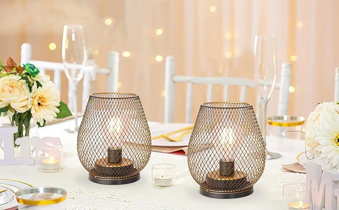 DECORKEY Set of 6 Battery Operated Lamp LED Table Lantern, Golden Metal Cage Cordless Lamps with LED Bulb, Vintage Decorative Outdoor Lantern for Weddings, Party, Patio, Events for Indoors Shelf Decor