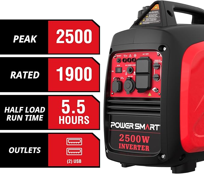 PowerSmart 2500 Watt Portable Inverter Generator, 79.8cc Gas Powered Engine with 5.5H Long Runtime, Ultra Quiet Small Generator for Camping, RV, Home Power Outage and Outdoor Emergency