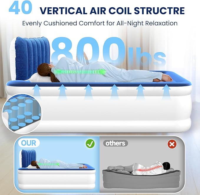 Queen Air Mattress with Headboard, Built-in Pump, 19" Raised Comfort Design, 800 lbs Max, 48-Hour Leak-Tested PVC, 3.5 Min Fast Inflation & Headboard, Durable Air Bed for Home, Guests Bed, Travel