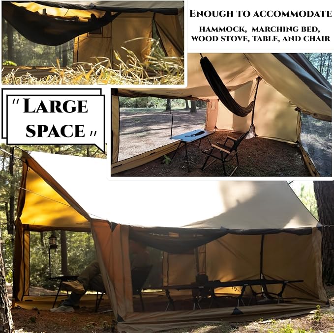 Hammock Hot Tent with Stove Jack and Double-Sided mesh Windows - Spacious, Versatile Wall Tent with Snow Skirt(No Poles)-Waterproof & Windproof, Ideal for Camping, Backpacking, Hiking