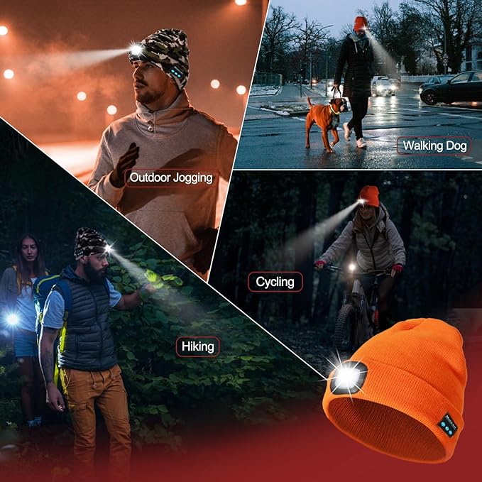 Gifts for Men, Rechargeable Bluetooth Music Unisex Beanie Hat with Light, Valentines Day Gifts for Him, Birthday Gifts for Men, Women, Orange