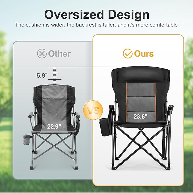 LET'S CAMP Oversized Camping Chairs 29.52" High Back Heavy Duty Lawn Chair Support 500LBS, Portable Collapsible Chair with Cup Holder, Side Pocket,2 Pack(Black)