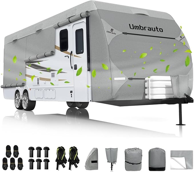 Umbrauto RV Cover 14-16ft: 7 Layers Travel Trailer Cover, Waterproof Camper Cover, Toy Hauler Cover with Tongue Jack Cover, Extra Windproof Ropes, Gutter Covers