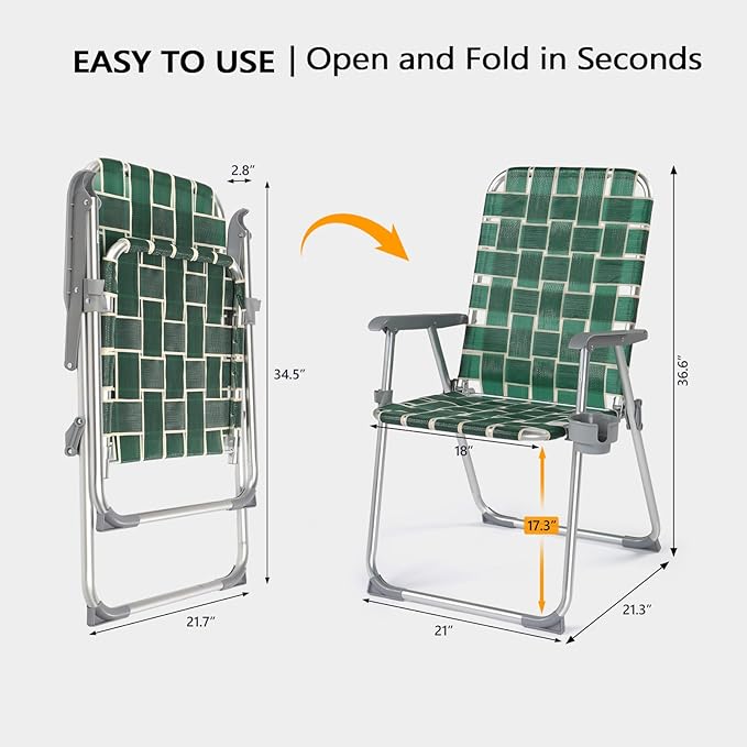 VINGLI Folding Aluminum Webbed Lawn Chairs with Detachable Cup Holder, High Beach Chair for Adults Heavy Duty, Portable Patio Chair, Camping Chair for Yard, Garden, 2 Pack