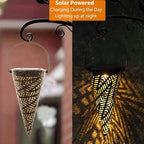 Outdoor Decorative Solar Hanging Lights with Delicate Hollow Conical Lantern Design - Set of 3 Chandelier for Patio, Tree, Garden, Yard, Porch, Backyard Pathway and Christmas Decoration.