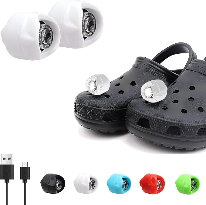 Vergissm Rechargeable Headlights Compatible with Croc, 2 PCs LED Flashlight, Waterproof Hands Free Flashlights with 3 Lighting Modes, Novelty Clog Lights for Camping, Dog Walking (White)