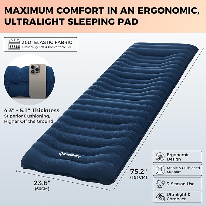 KingCamp Sleeping Pad for Camping, Ultralight Connectable Inflatable Sleeping Pad Camping Mattress with 6.3" Built-in Pillow & Foot Pump for Backpacking Hiking Tent Cot