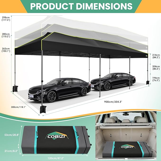 COBIZI 10x30 Pop Up Canopy Tent, Wedding Party Tent with 8 Sidewall One Push Setup Glow, 3 Adjustable Height Air Vent Waterproof UPF50+, Wheeled Bag, Sandbag, Stake, Rope for Commercial, Outdoor