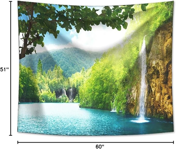 Forest Waterfall Tapestry Wall Hanging Sandy Beach Picnic Rug Camping Tent Sleeping Pad Home Decor Bedspread Sheet Wall Cloth (60x51inch,8)