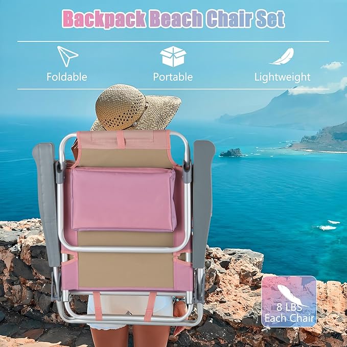 GYMAX Beach Chairs, Backpack Camping Chair with Armrest, Cooler Bag, Cup Holder, Towel Bar & Side Pockets, Sunbath Sling Tanning Lounge, Folding Layout Chair (Without Table, Pink)
