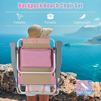 GYMAX Beach Chairs, Backpack Camping Chair with Armrest, Cooler Bag, Cup Holder, Towel Bar & Side Pockets, Sunbath Sling Tanning Lounge, Folding Layout Chair (Without Table, Pink)