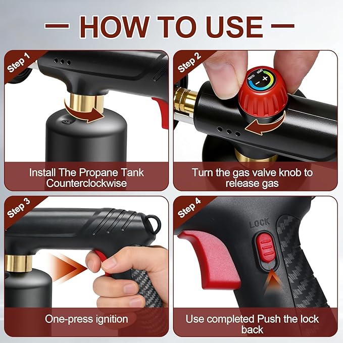 Propane Torch Gun，Flame Thrower,Cooking Blow Torch Gun with a Safety Lock,Charcoal Lighter,Adjustable Kitchen Torch Gun for Campfire，Grill, Sous Vide, BBQ (Tank Not Included)